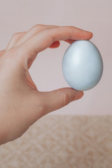 Fototapeta na wymiar hand holds blue painted easter egg