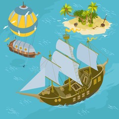 Sail ship isometric illustration cartoon style vectors on sea adventure fantasy map and game builder with air baloon ship © QatlasMap