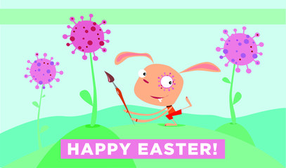 Colorful Happy Easter greeting card with corona virus flowers  and a funny rabbit. 