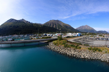Fototapeta premium Seward, Alaska / USA - August 08, 2019: Seward port view from cruise ship deck, Seward, Alaska, USA