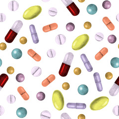Seamless pattern of tablets, capsule and vitamins