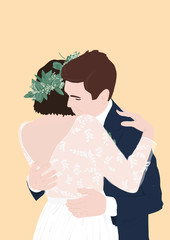 Illustration of tender bride and groom hugging during their wedding day