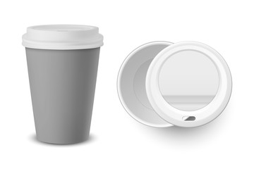 Vector 3d Realistic Gray Disposable Closed Paper, Plastic Coffee Cup for Drinks with White Lid Set Closeup Isolated on White Background. Design Template, Mockup. Top and Front View