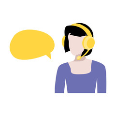 Vector illustration of woman avatar with headphones with microphone, Women worker of call centre. Freelance woman job. Online help and consultation, remote work