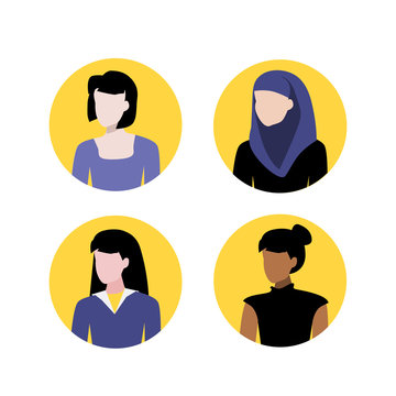 Vector illustration set of muslim, black and white women portraits. Round flat icons. Social network avatars. User pics. Woman face profile icon.