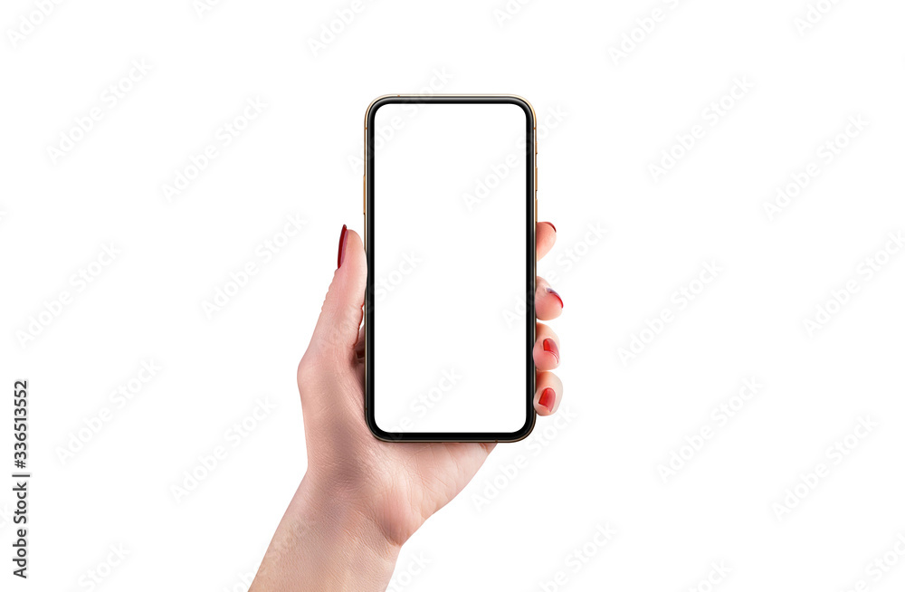 Aufkleber isolated modern phone mockup in woman hand. front position. smart object display for app design pres