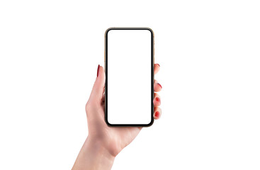 Isolated modern phone mockup in woman hand. Front position. Smart object display for app design presentation. White background