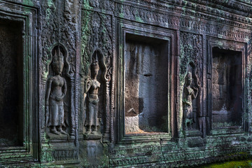 Stone carving ornament Angkor wat ruins Cambodia