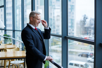 Adult male businessman, teacher, mentor looks out the large window of his office. Work in the...