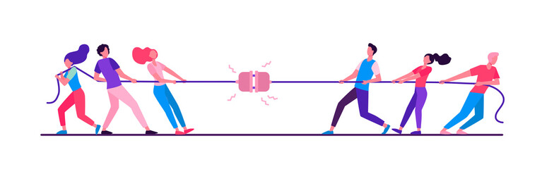 Groups of people pulling rope in tug of war play. Struggling team competing with each other. Vector illustration for game, contest, competition, confrontation concept