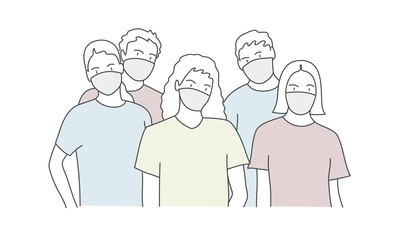 People are standing in an embrace, wearing medical masks, flu, air pollution, contaminated air. Volunteering. Coronavirus. Hand drawn vector illustration.