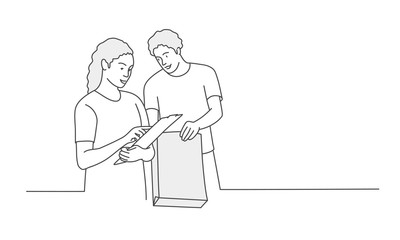 Delivery service. Man packing. Line drawing vector illustration.