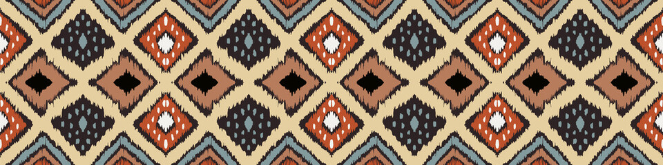 Ikat geometric folklore ornament with diamonds. Tribal ethnic vector texture. Seamless striped pattern in Aztec style. Folk embroidery. Indian, Scandinavian, Gypsy, Mexican, African rug.