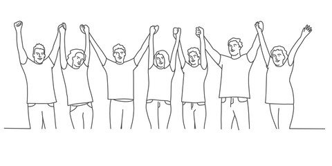 Group of people hold hands, hands are lifted up. Line drawing vector illustration.