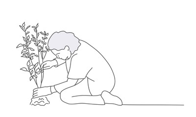 Obraz premium Line drawing of woman works in the garden. Gardening or planting concept. Vector illustration.