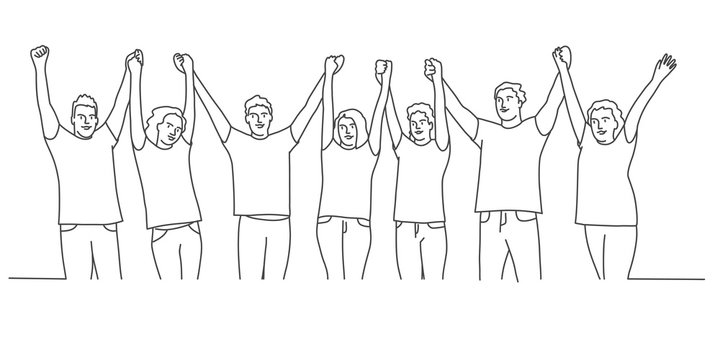 Group Of People Hold Hands, Hands Are Lifted Up. Line Drawing Vector Illustration.