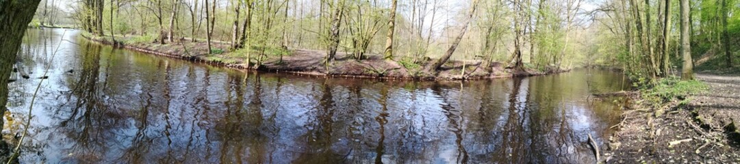 River panoramic view with shrubs at Alster river Hamburg, Germany