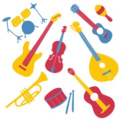 Hand-drawn musical instruments set. Doodle elements guitar, electric guitar, ukulele, trumpet, maracas, domra, violin. Vector