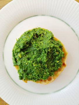 Wild Garlic Pesto On Bread Roll Directly Above 