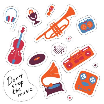 Music stickers. Hand drawn signs. Orchectra symbols. Vector