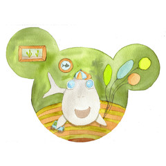 Stylized baby catfish with balloons in the nursery. Watercolor hand drawn illustration