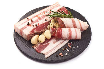 Salted bacon, pork brisket, isolated on white background