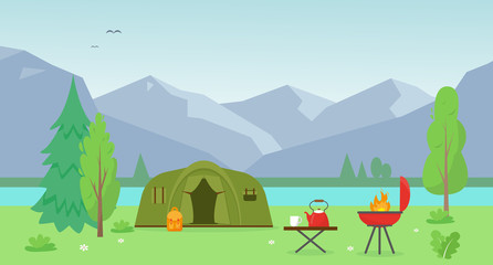 Fototapeta na wymiar Camping tent near the lake and mountains.