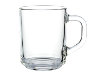 Empty transparent glass mug with round handle isolated on white background