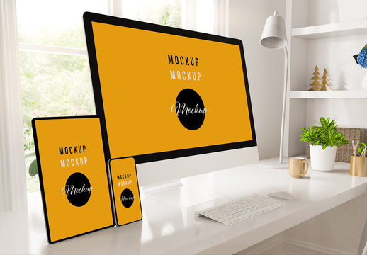 Work from Home Desk with Different Devices Mockup