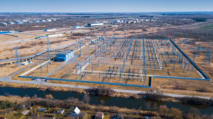 Aerial view of a power plant on nature background. Ecological concept.