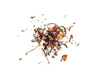 Flower tea on a white background. Tea ceremony, the benefits and pleasure of tea drinks, beauty and health.