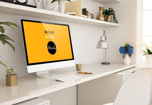Work from Home Desk with Computer and Phone Mockup