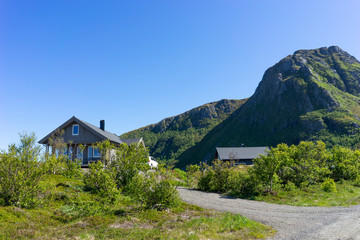 Traditional houses in the mountains of Lofoten, Norway.