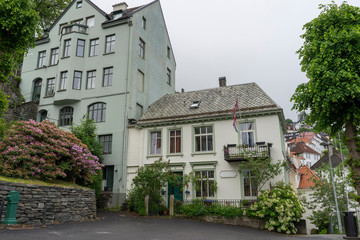 Fototapeta na wymiar Bergen / Norway - June, 2019: View of street and authentic houses of Bergen.