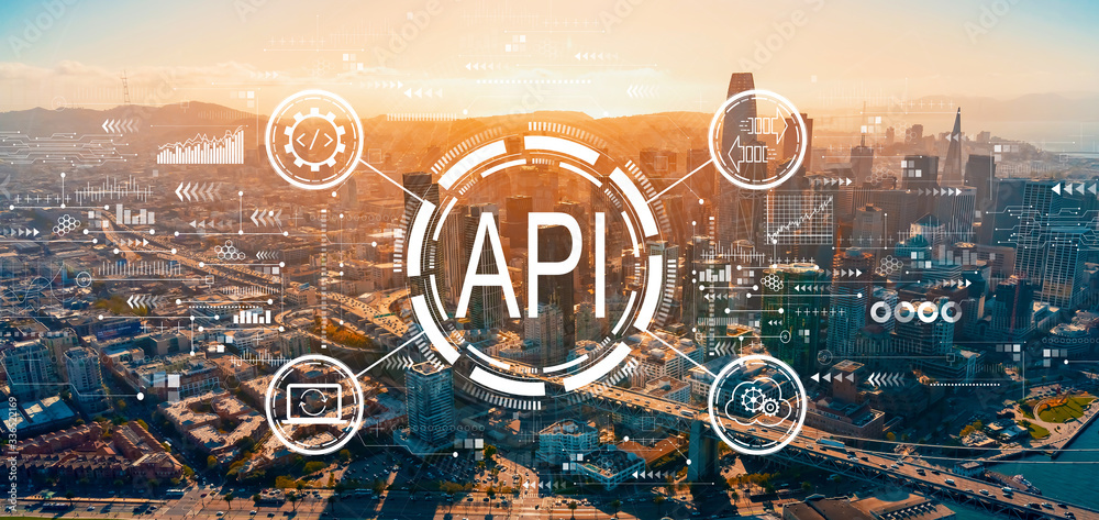 Wall mural api - application programming interface concept with downtown san francisco skyline buildings
