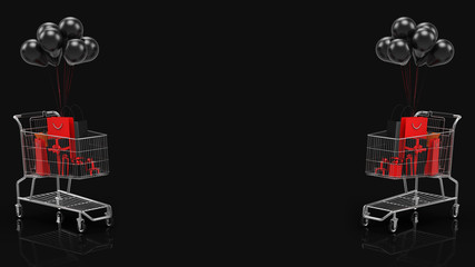 3D black gifts boxes on cart. Dark background. Horizontal banner, poster, header website. 3D illustration