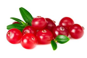 Cranberry with green leaves isolated on white background