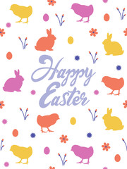 Happy easter holiday poster template. Art with chicks, rabbits, flowers and eggs