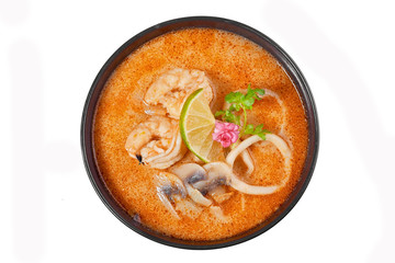 Tom Yam seafood soup white background