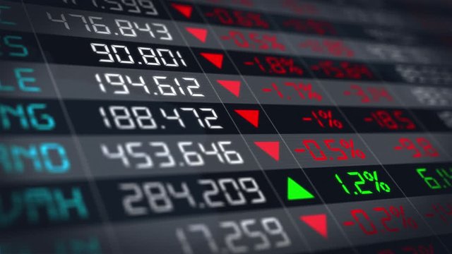 Stock market tickers collapsing in an economic crisis, with digital animation of the negative evolution of stock market prices in the world. Financial chart of stock exchange data - 4K animation 