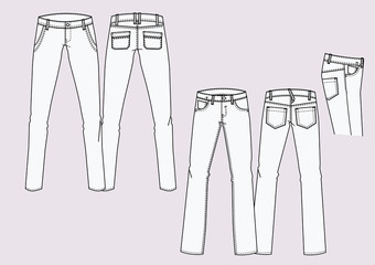 Denim donna slim fit disegno piatto sketch fashion illustration fronte retro e fianco mock up vettoriale