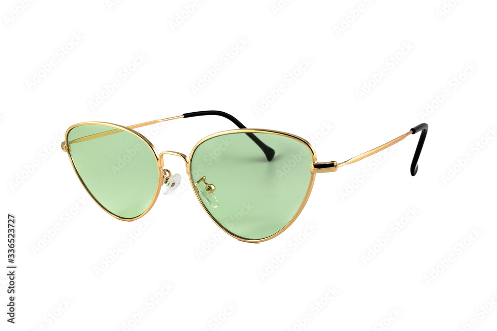 Poster green cat eye sunglasses with gold wrap around frames isolated on white background, side view