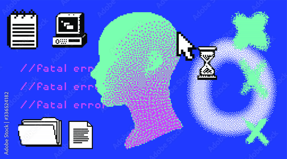 Poster cyberpunk futuristic collage with glitch art artifacts and wireframe of a human head. retrofuturisti