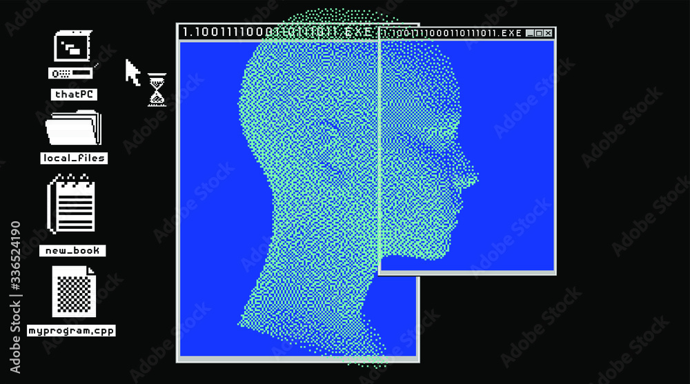 Poster cyberpunk futuristic collage with glitch art artifacts and wireframe of a human head. retrofuturisti