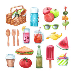 picnic set with food, drinks and cuttlery
