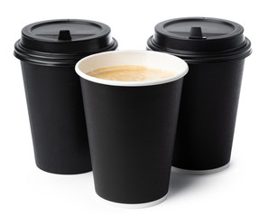 Paper coffee cups isolated on white background. Close up.