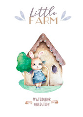 Cute happy birthday card with cartoon Bunny. Watercolor rabbit clip art and beauty boho pink flowers, floral. lamp light and leaf for Happy Easter on white background