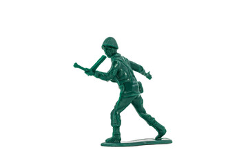 Green toy soldiers on white background. Soldier two on six models. (2/6) Picture six on sixteen viewing angles. (06/16)
