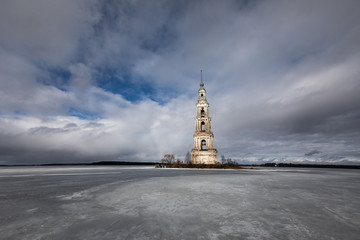 Kalyazin drowned bell tower winter landscape reflection in frozen lake