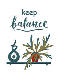 Obraz premium Keep balance concept. Decorative figurine and potted plant. Stay home. Keep calm. Great for recreation, home gardening, interior design. Flat style design. Vector illustration isolated on white.